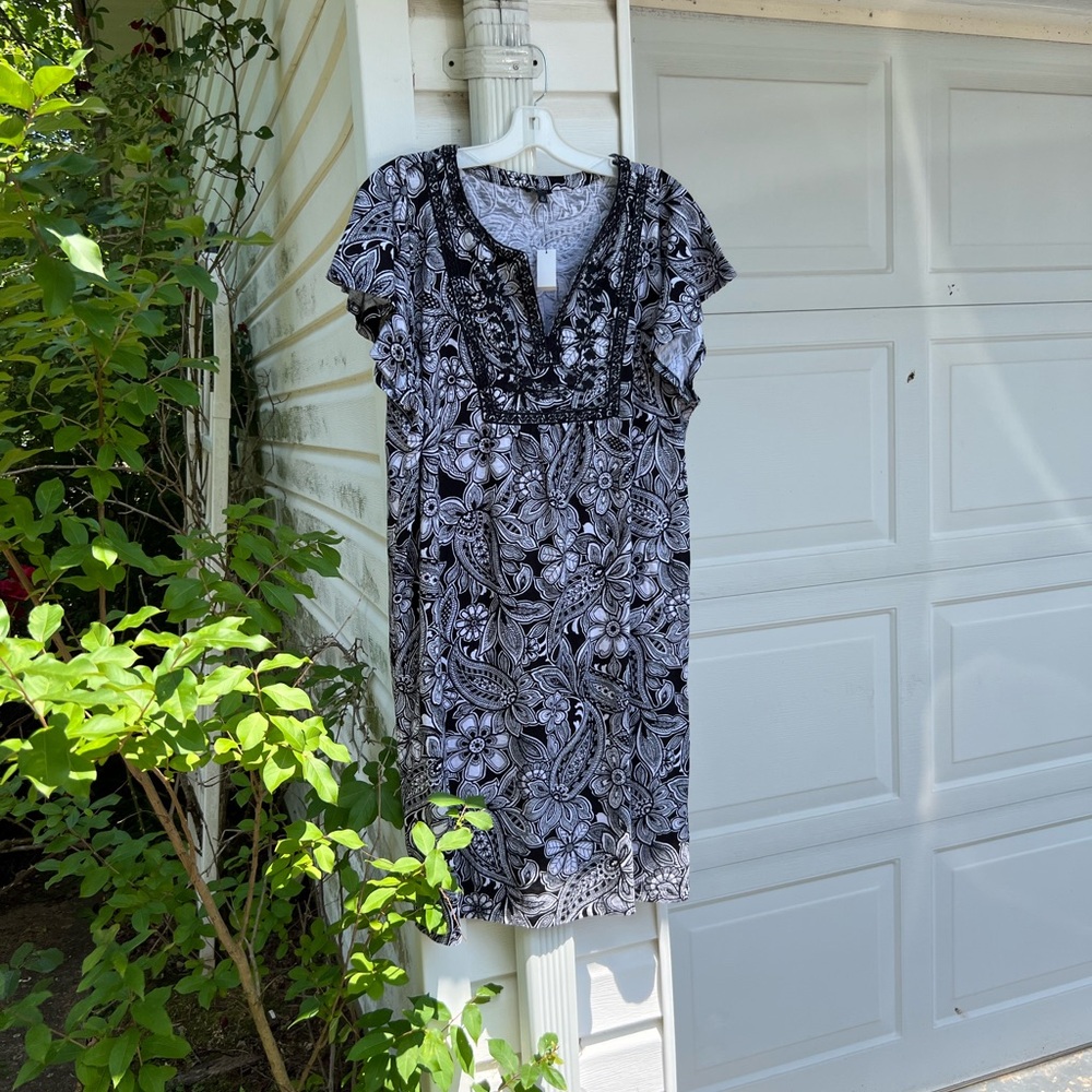 NWT Talbots Slip On Pretty Black White Floral Embroidery Cotton Dress